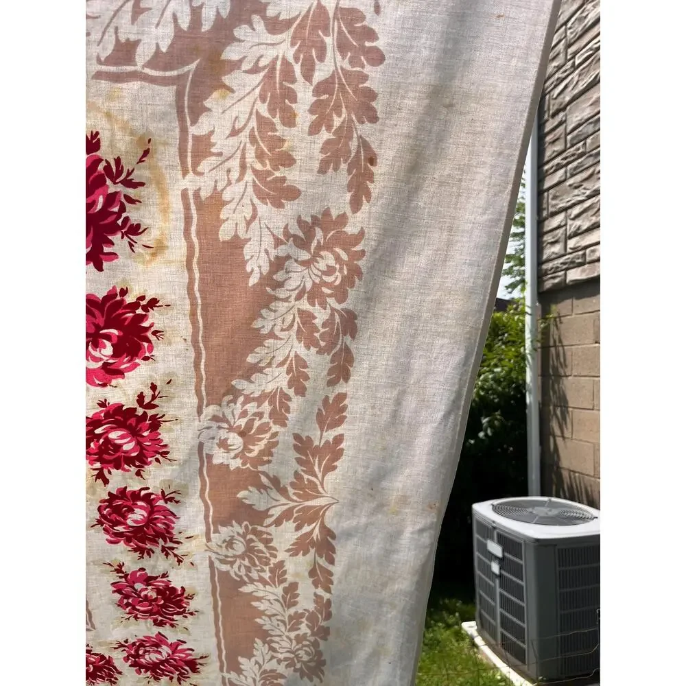 Vintage Tablecloth with Red and Pink Roses and Leaves